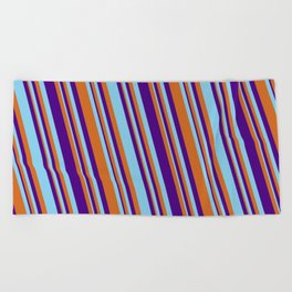 [ Thumbnail: Chocolate, Indigo & Sky Blue Colored Stripes Pattern Beach Towel ]