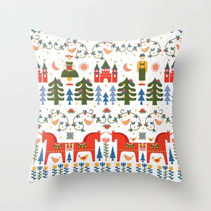 Scandinavian Fairytale - Green + Red Throw Pillow