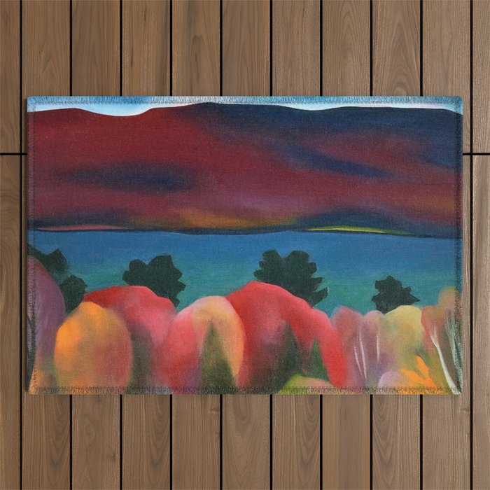 Lake George, New York in full bloom Autumn Colors - Red Maple Foliage landscape by Georgia O'Keeffe Outdoor Rug