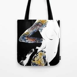 Traditional japanese body koi tattoo, Black and white illustration, Nude art, Naked beauty body Tote Bag