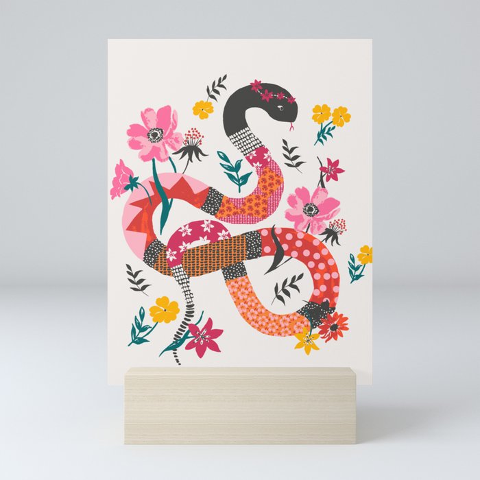 Patchwork snake with flowers Mini Art Print