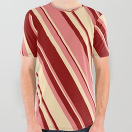 [ Thumbnail: Light Coral, Beige, and Dark Red Colored Lines Pattern All Over Graphic Tee ]