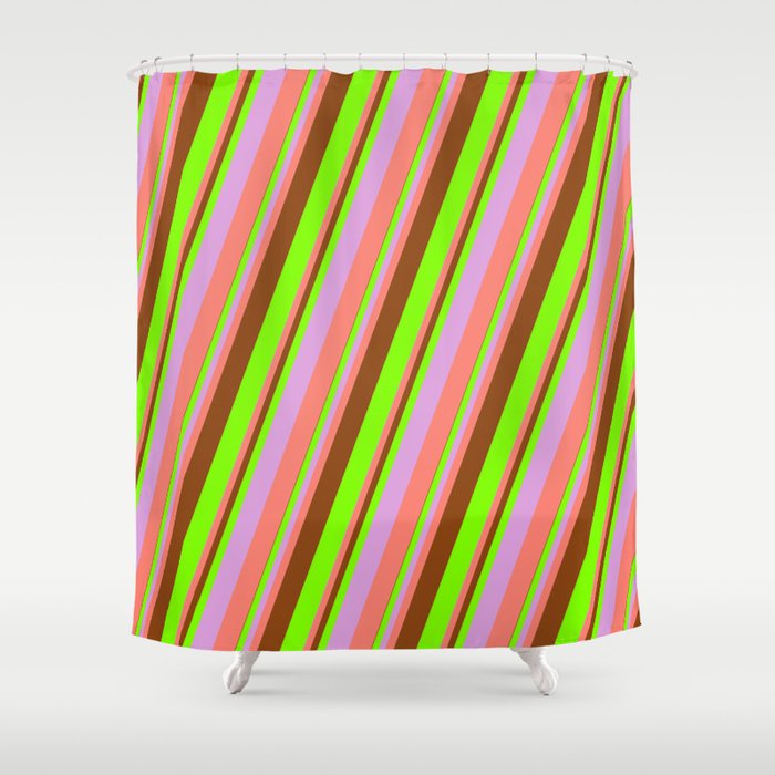 Brown, Chartreuse, Plum & Salmon Colored Stripes Pattern Shower Curtain