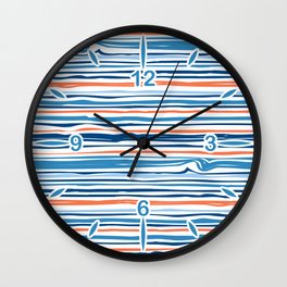 Modern Abstract Ocean Wave Stripes in Classic Blues and Orange Wall Clock