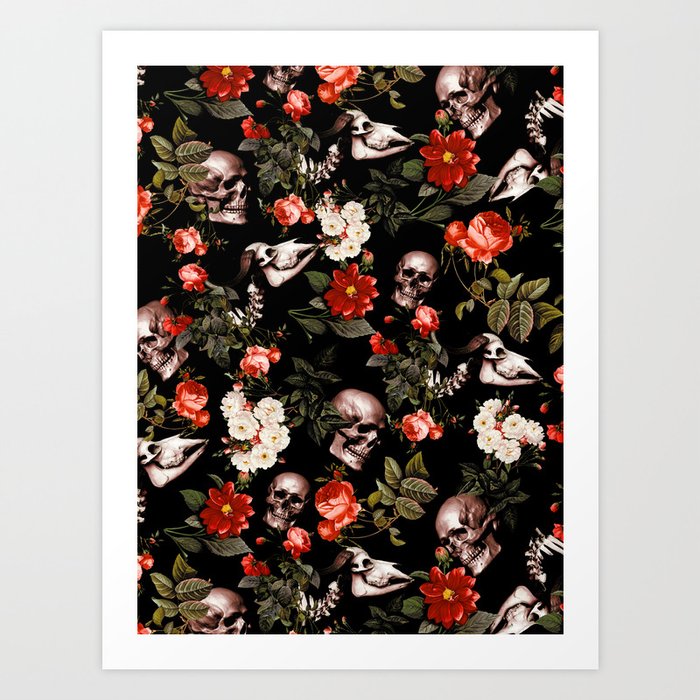 Floral and Skull Dark Pattern Kunstdrucke