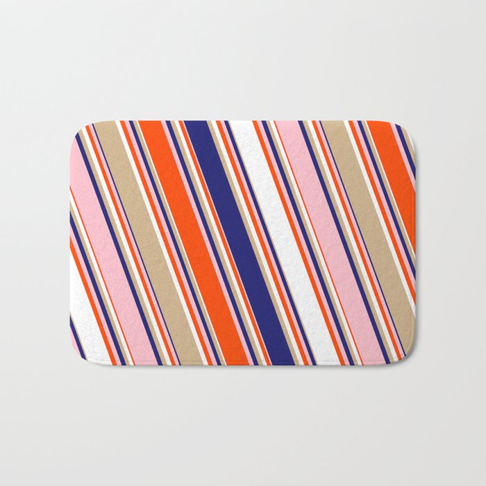 Colorful Red, White, Tan, Midnight Blue, and Pink Colored Lines/Stripes Pattern Bath Mat