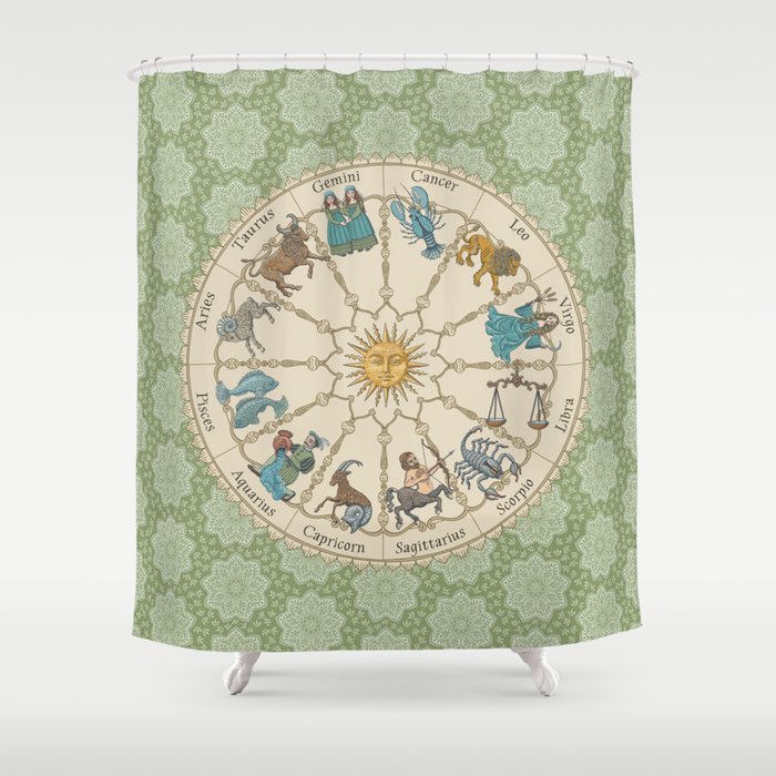 Vintage Astrology Zodiac Wheel Green Shower Curtain