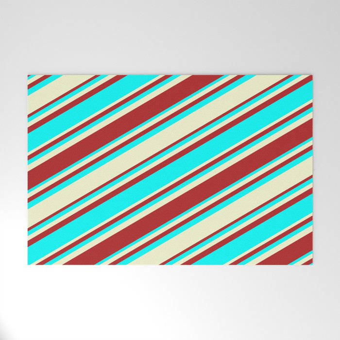 Red, Cyan, and Light Yellow Colored Stripes Pattern Welcome Mat