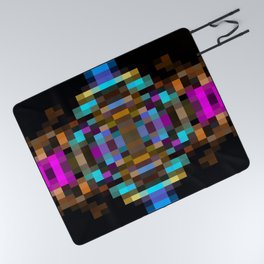 geometric square pixel abstract in blue orange pink with black background Picnic Blanket