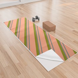 [ Thumbnail: Light Salmon, Grey & Green Colored Lined/Striped Pattern Yoga Towel ]