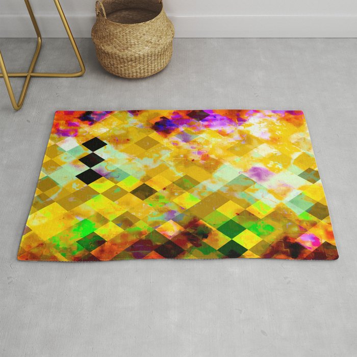geometric pixel square pattern abstract background in yellow green brown purple Rug