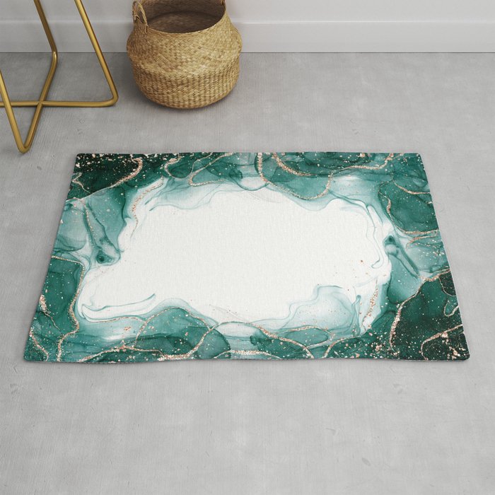 Shiny Gold Abstract Dark Green Background Rug