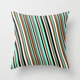 [ Thumbnail: Eyecatching Aquamarine, Gray, Brown, Mint Cream, and Black Colored Striped/Lined Pattern Throw Pillow ]