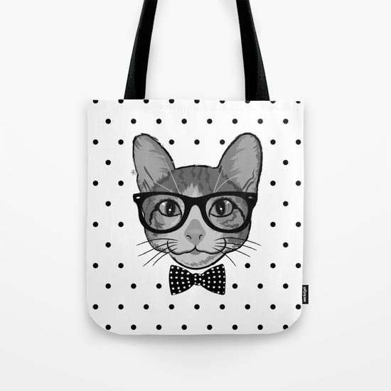 Cat Hipster With Bow Tie - Polka Dots Pattern Tote Bag