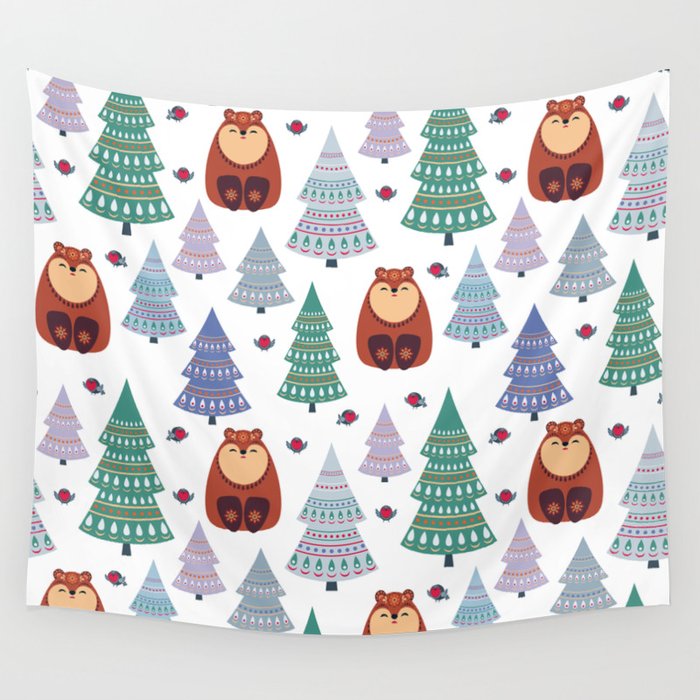 Boho Christmas Bear Vintage Holiday Gift Pattern Wall Tapestry