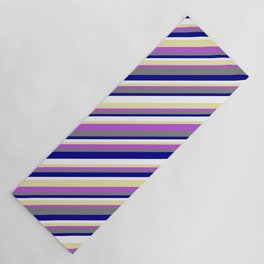 [ Thumbnail: Vibrant Gray, Dark Blue, White, Pale Goldenrod & Orchid Colored Striped/Lined Pattern Yoga Mat ]