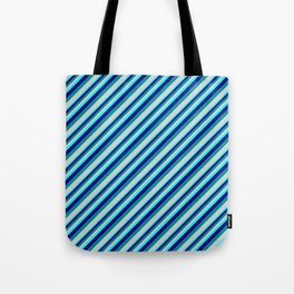 [ Thumbnail: Aqua, Blue, Dark Cyan, and Light Gray Colored Lined/Striped Pattern Tote Bag ]