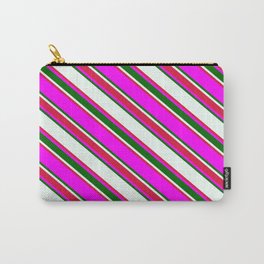 [ Thumbnail: Mint Cream, Crimson, Fuchsia & Dark Green Colored Striped/Lined Pattern Carry-All Pouch ]