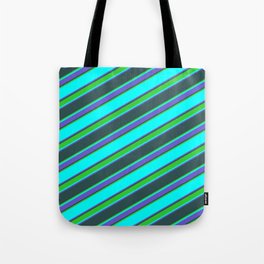 [ Thumbnail: Cyan, Slate Blue, Dark Slate Gray & Lime Green Colored Stripes Pattern Tote Bag ]