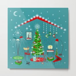 Retro Holiday Decorating iii Metal Print | Digital, Cats, Retro, Atomic, Ornaments, Tree, Holiday, Cat, Xmas, Atomicera 