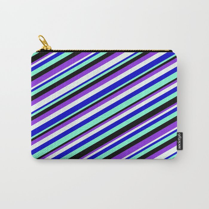 Vibrant Blue, Aquamarine, Black, Purple, and Mint Cream Colored Lined Pattern Carry-All Pouch