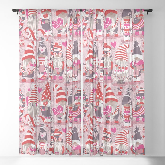 I gnome you more // pastel pink background red and pink Valentine's Day gnomes and motifs Sheer Curtain