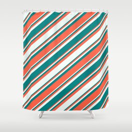 [ Thumbnail: Red, Mint Cream & Teal Colored Lines Pattern Shower Curtain ]
