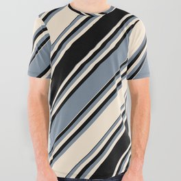 [ Thumbnail: Beige, Black & Light Slate Gray Colored Stripes/Lines Pattern All Over Graphic Tee ]