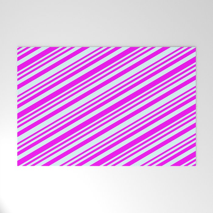 Fuchsia & Light Cyan Colored Stripes/Lines Pattern Welcome Mat