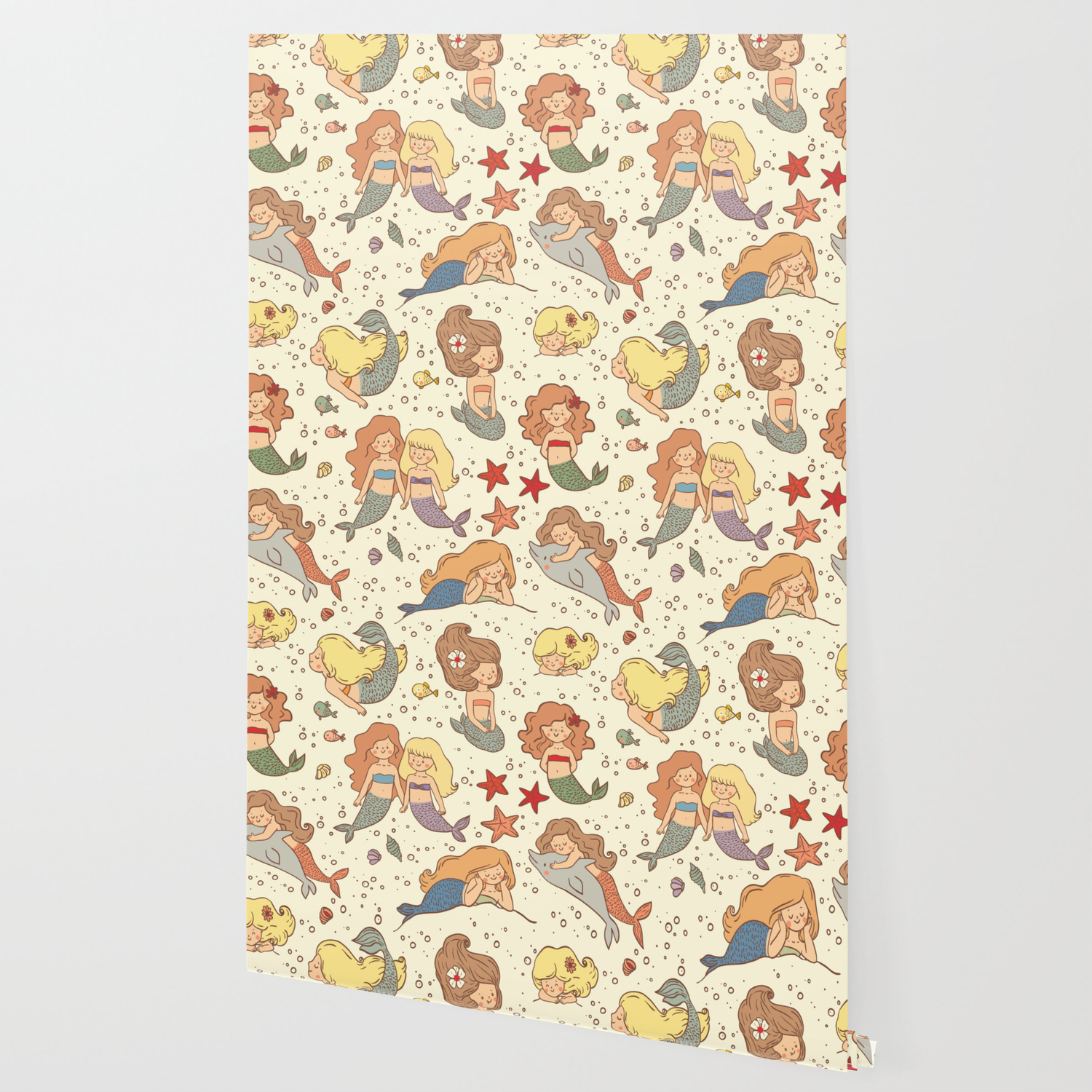 Cute Vintage Style Bff Mermaids Seamless Pattern Wallpaper By