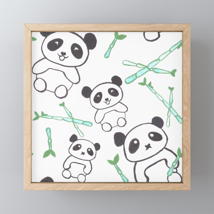 Cute Pandas and bamboos watercolor Framed Mini Art Print