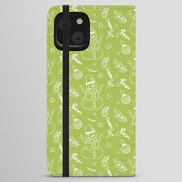 Light Green and White Christmas Snowman Doodle Pattern iPhone Wallet Case