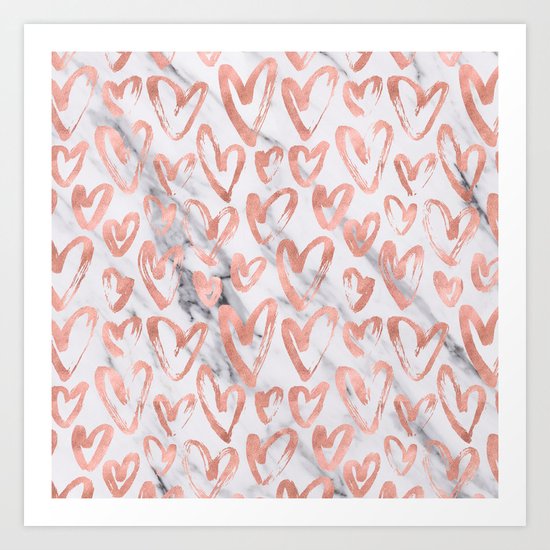 Hearts Rose Gold Marble Art Print