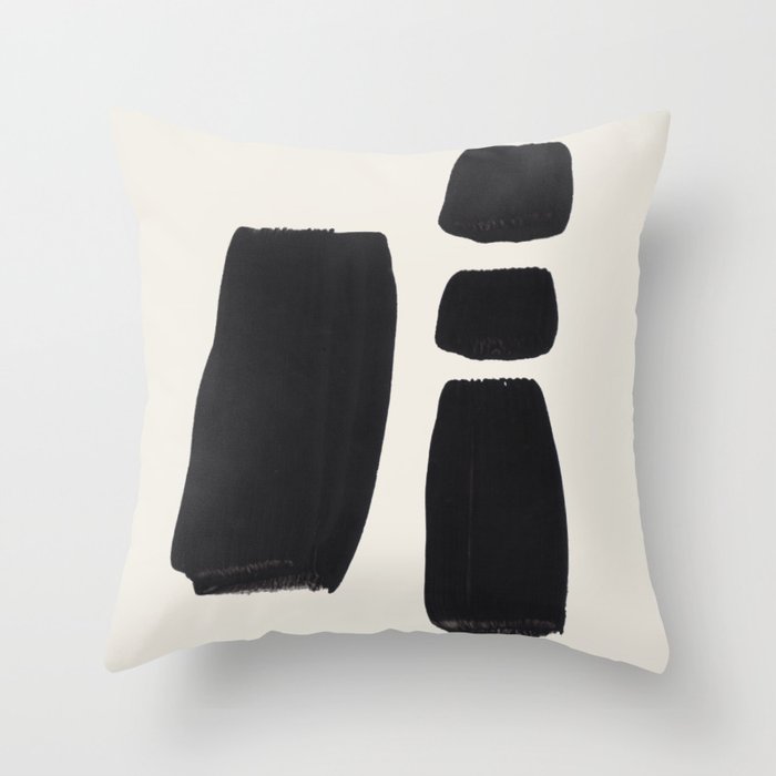 Mid Century Modern Minimalist Abstract Art Brush Strokes Black & White Ink Art Square Shapes Throw Pillow