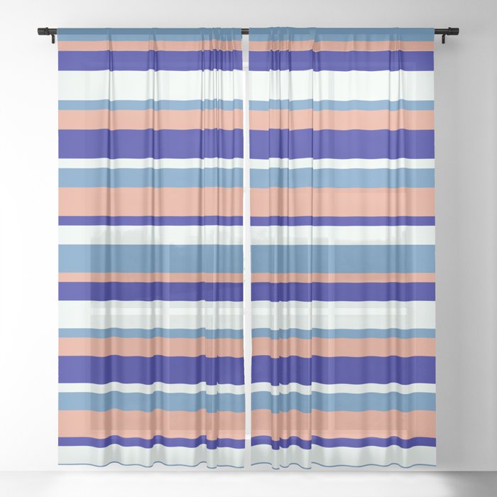 Blue, Dark Salmon, Dark Blue & Mint Cream Colored Stripes Pattern Sheer Curtain