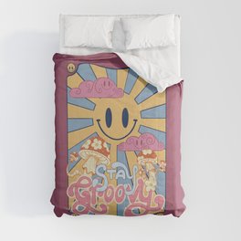 Stay Groovy Smily Face Sun with Happy Trippy Hippy Mushrooms Comforter