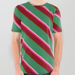 [ Thumbnail: Light Pink, Deep Pink, Dark Red & Sea Green Colored Striped Pattern All Over Graphic Tee ]