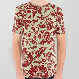 Modern William Morris Red Cream Floral Leaves Pattern All Over Graphic Tee