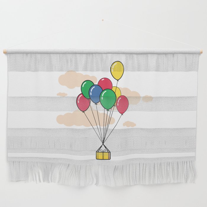 Gift box tied to balloons floating in the sky Wall Hanging