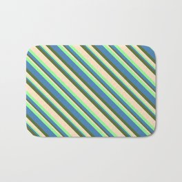[ Thumbnail: Green, Blue, Dark Olive Green, and Bisque Colored Striped/Lined Pattern Bath Mat ]