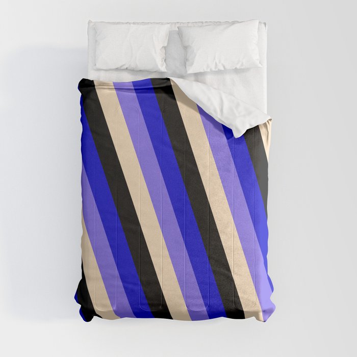 Blue, Medium Slate Blue, Bisque & Black Colored Stripes Pattern Comforter