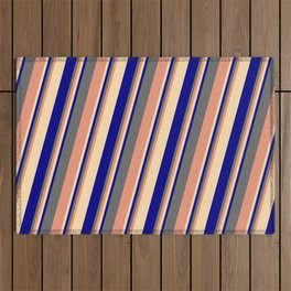 [ Thumbnail: Dim Gray, Dark Salmon, Tan & Blue Colored Lined/Striped Pattern Outdoor Rug ]