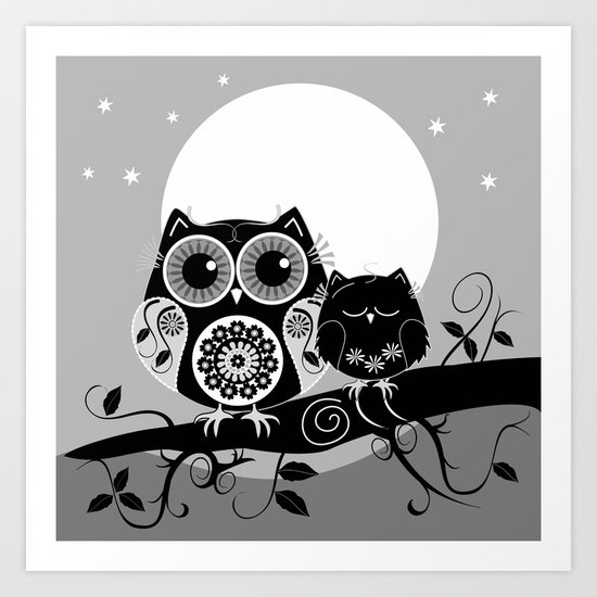 B&W Flower power Owl and her Sleepy Baby Art Print