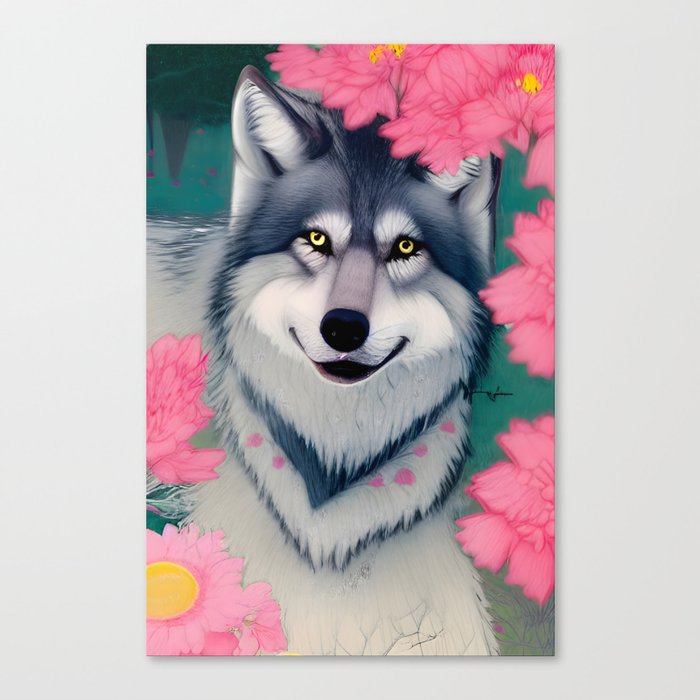 Wolf with Spring Flowers Canvas Print