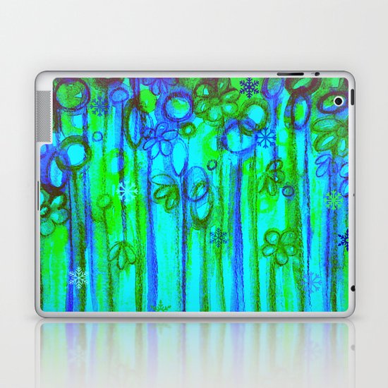 WINTER GARDEN -Bright Blue Green Neon Snowflake Floral Abstract Watercolor Painting and Digital Art Laptop & iPad Skin