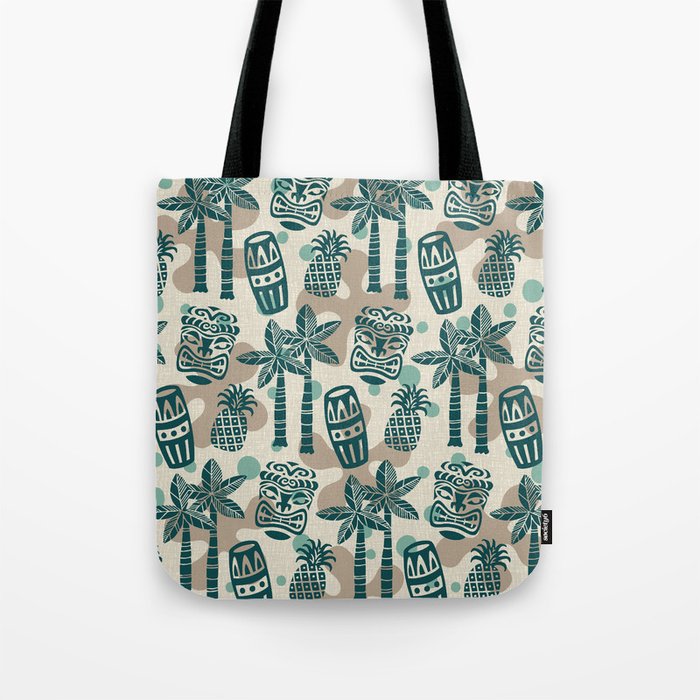 Retro Mid Century Modern Tiki Pattern 539 Green Turquoise and Beige Tote Bag