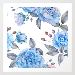 Blue Watercolor Rose Pattern Background Art Print
