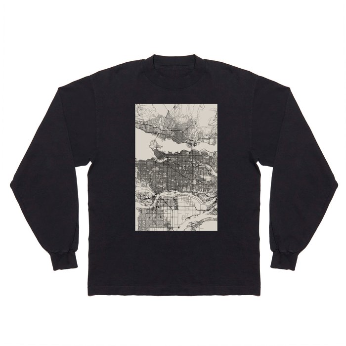 Canada, Vancouver - Black & White Aesthetic City Map Long Sleeve T Shirt