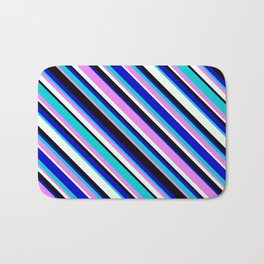 [ Thumbnail: Eyecatching Blue, Dark Turquoise, Violet, Mint Cream, and Black Colored Stripes Pattern Bath Mat ]
