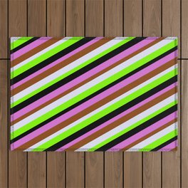 [ Thumbnail: Colorful Orchid, Brown, Lavender, Chartreuse & Black Colored Stripes Pattern Outdoor Rug ]